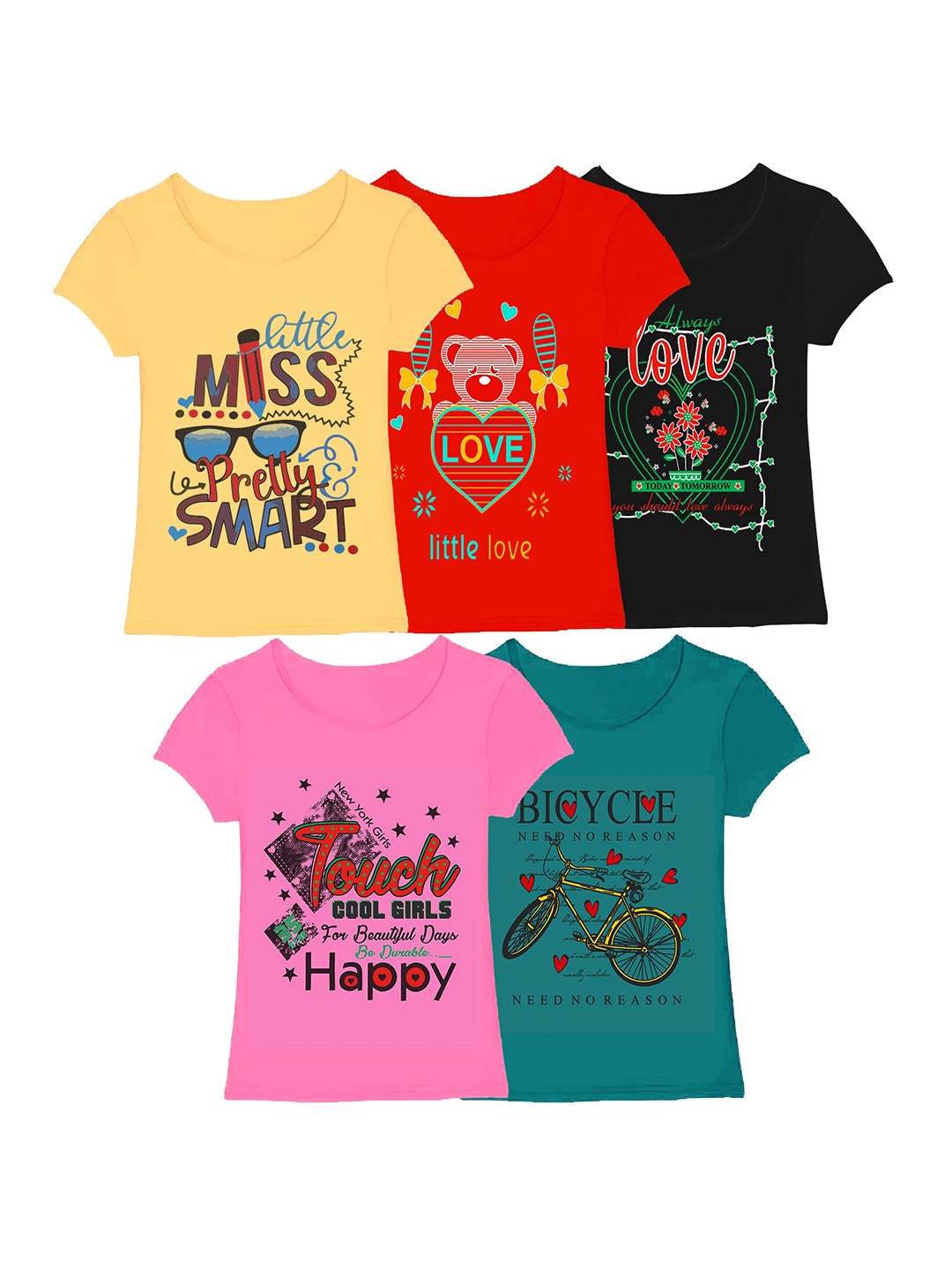 

CoolTees4U Girls Pack Of 5 Printed Puff Sleeves Casual Cotton T-shirts, Yellow
