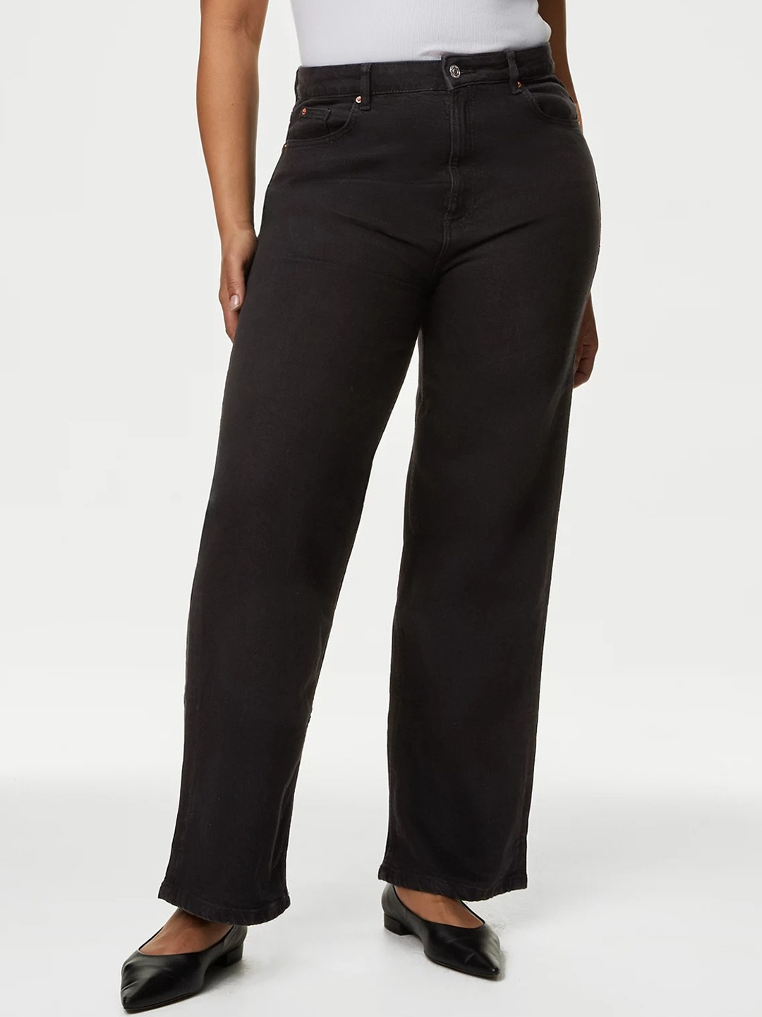

Marks & Spencer Women Wide Leg High-Rise Clean Look Stretchable Jeans, Black