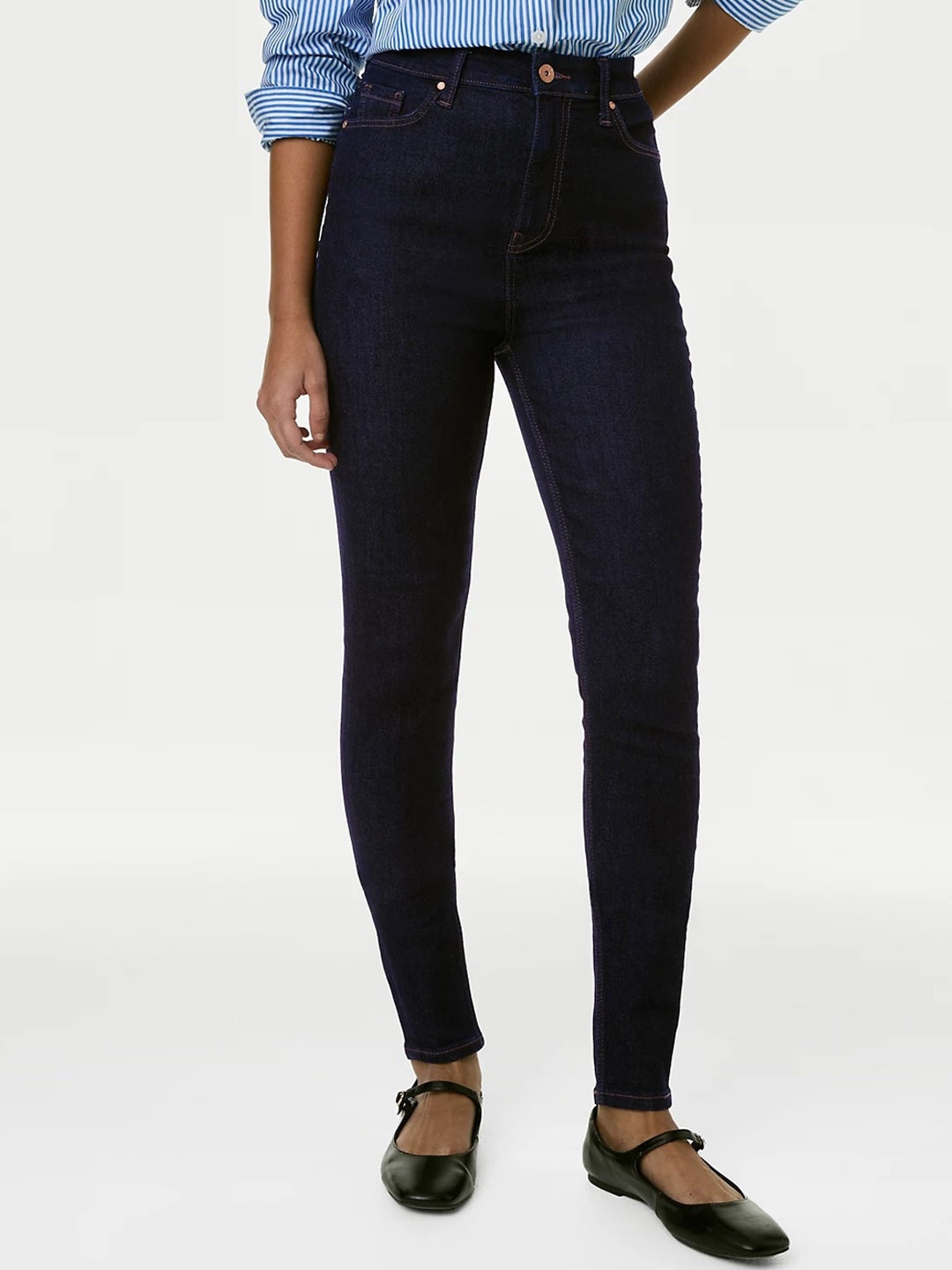 

Marks & Spencer Women Skinny Fit High-Rise Clean Look Stretchable Jeans, Navy blue