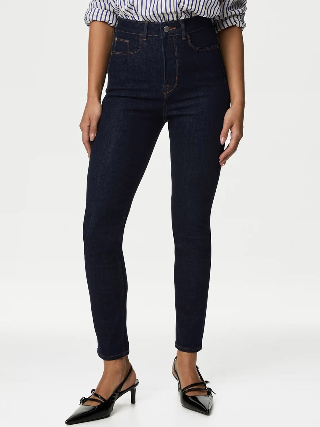 

Marks & Spencer Women Skinny Fit High-Rise Jeans, Navy blue