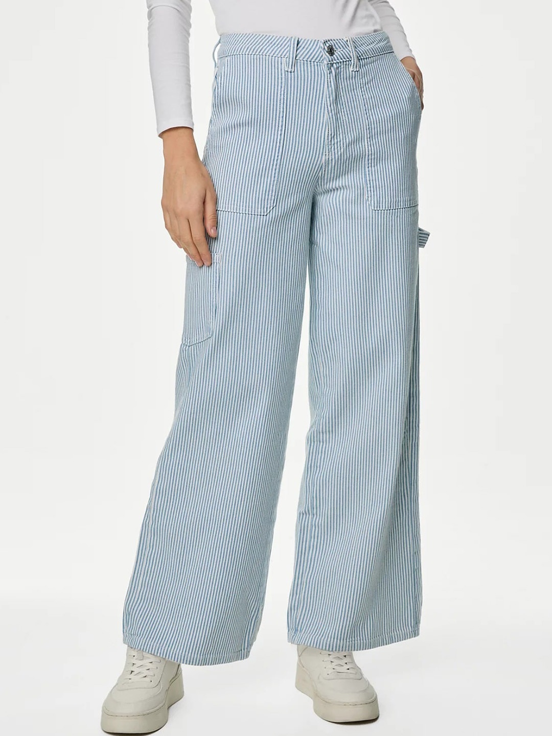 

Marks & Spencer Women Wide Leg Striped High-Rise Clean Look Jeans, Blue