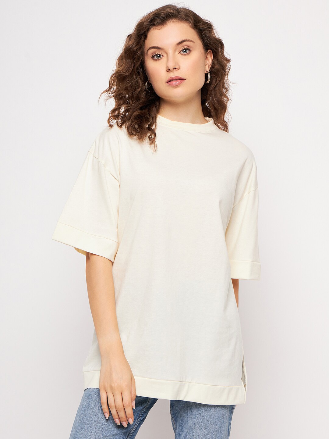 

Skidlers Drop-Shoulder Sleeves Oversized Cotton T-shirt, Cream