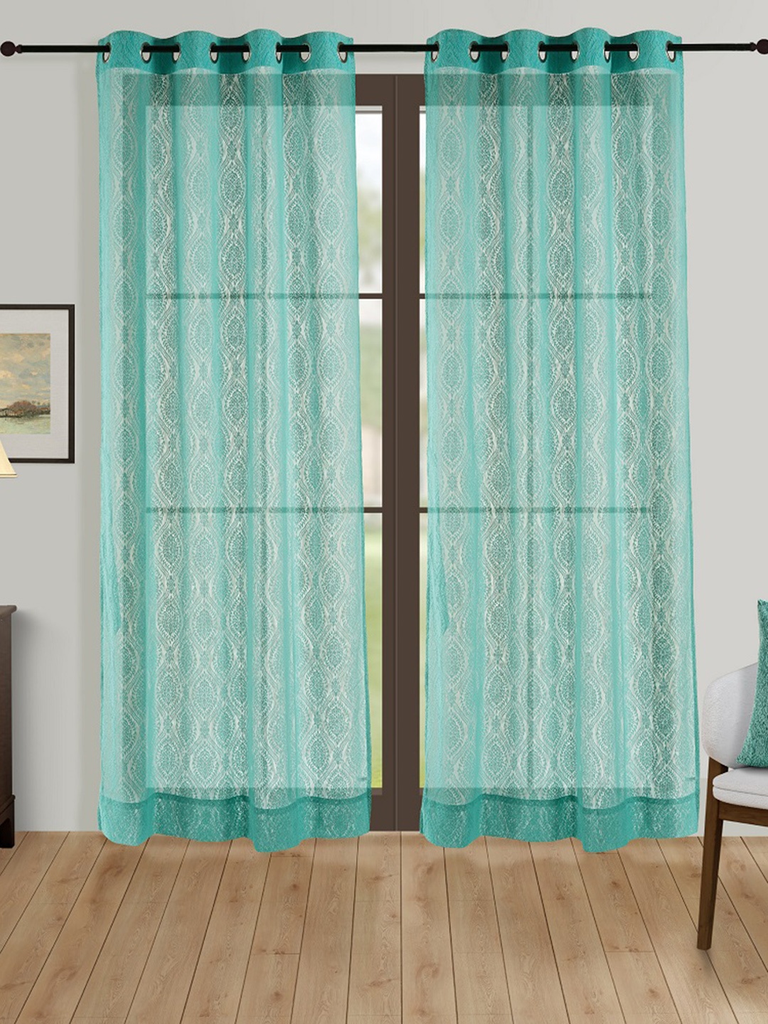 

SWAYAM Green & White Ethnic Motifs Sheer Long Door Curtain