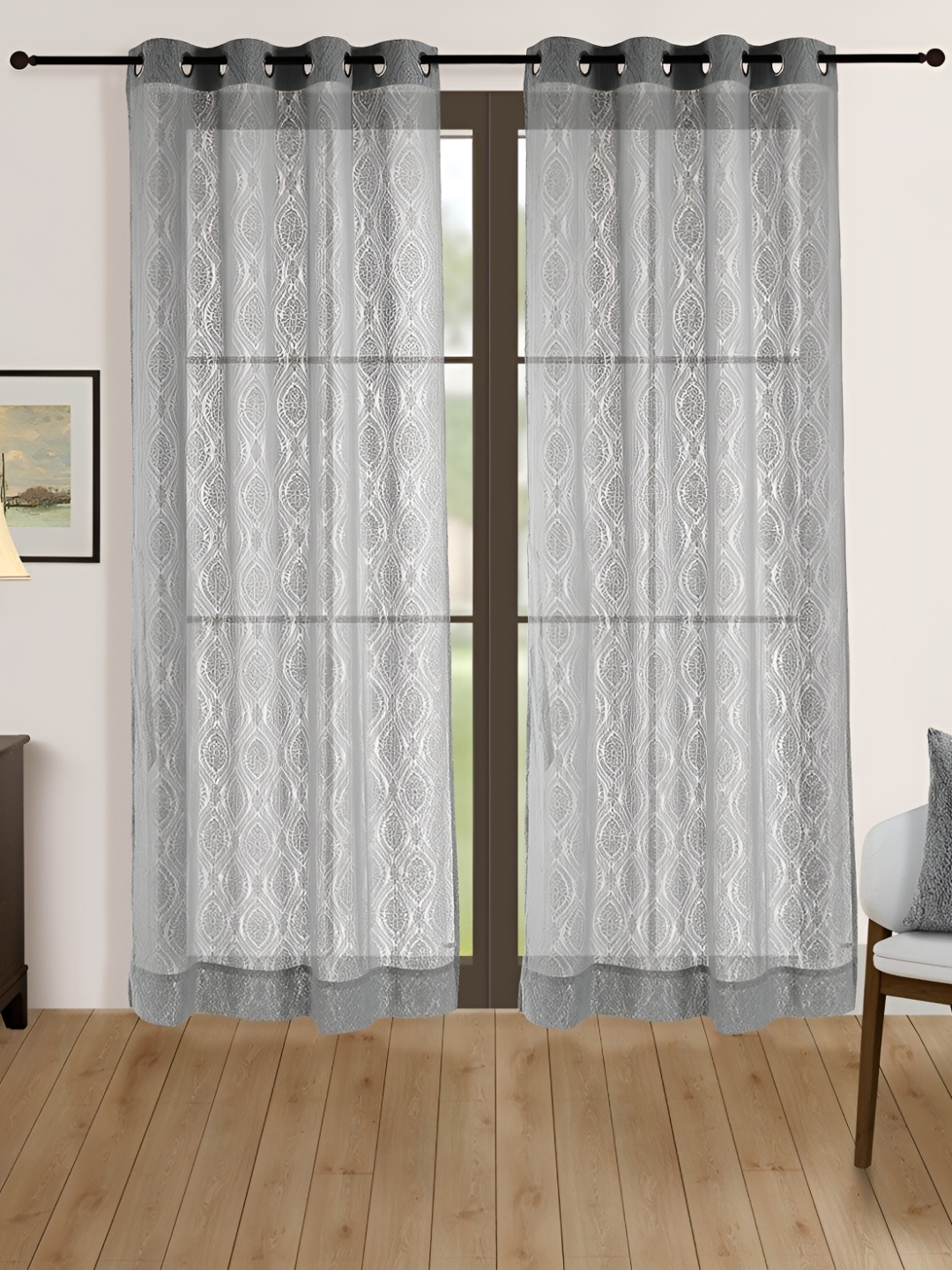 SWAYAM White & Grey Embroidered Sheer Door Curtain