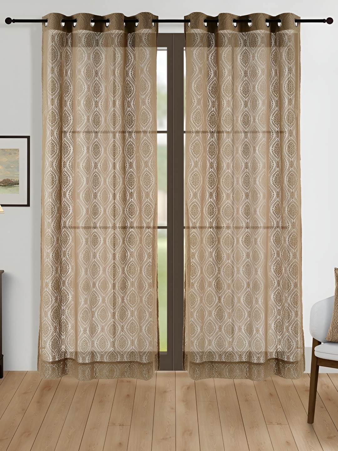 

SWAYAM Brown & White Embroidered Sheer Long Door Curtain