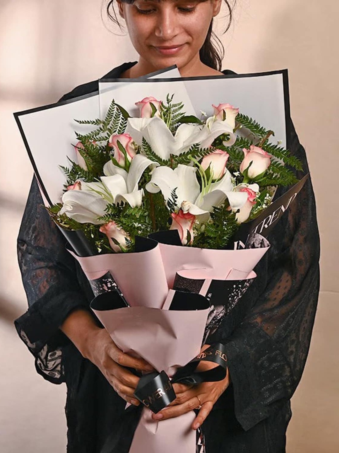 

Floweraura 11 Pieces Pink & White Roses & Lily Flower Bouquet