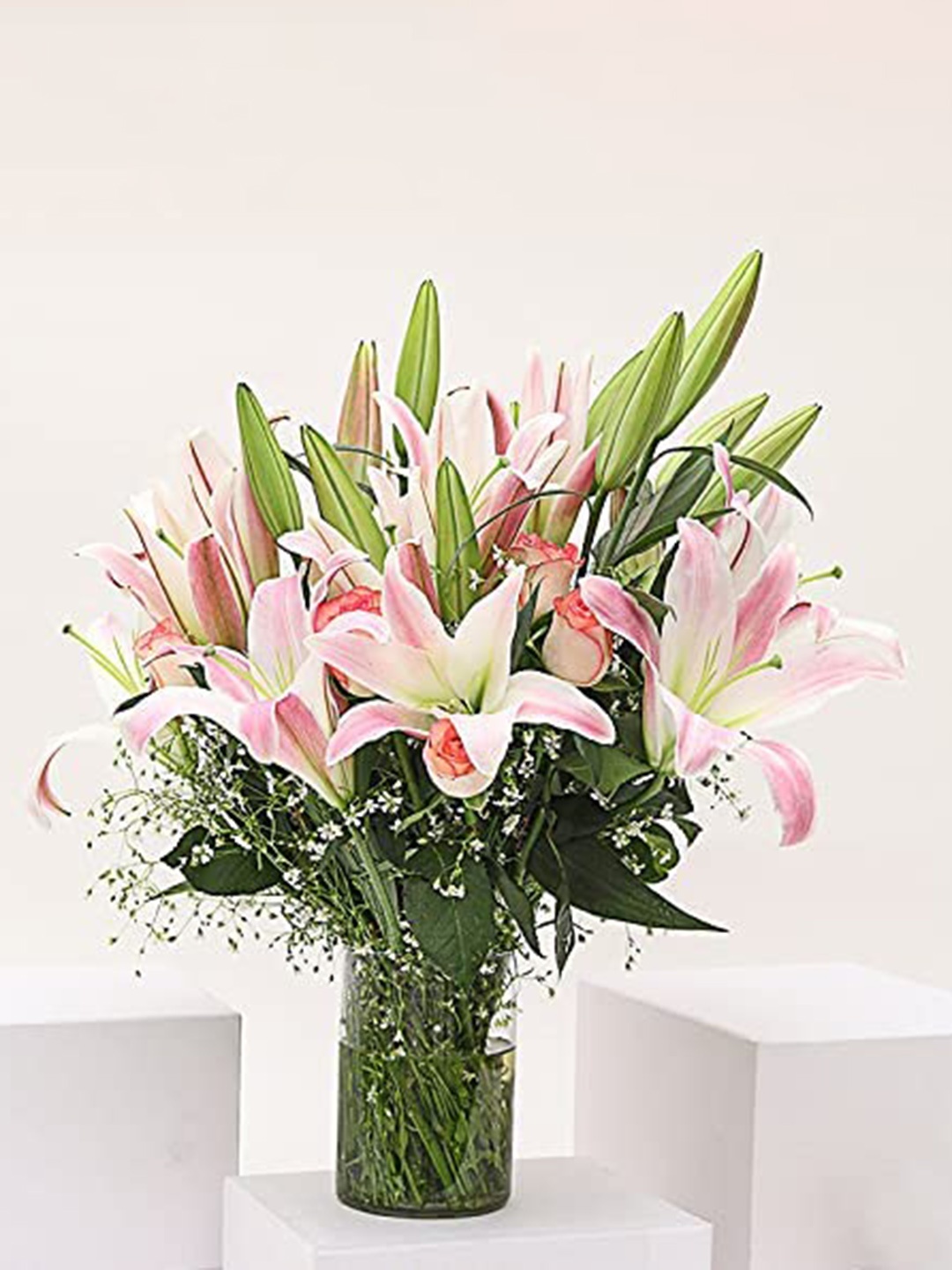 

Floweraura 15 Pieces Lilies & Roses Flower Bouquet In Vase, Pink