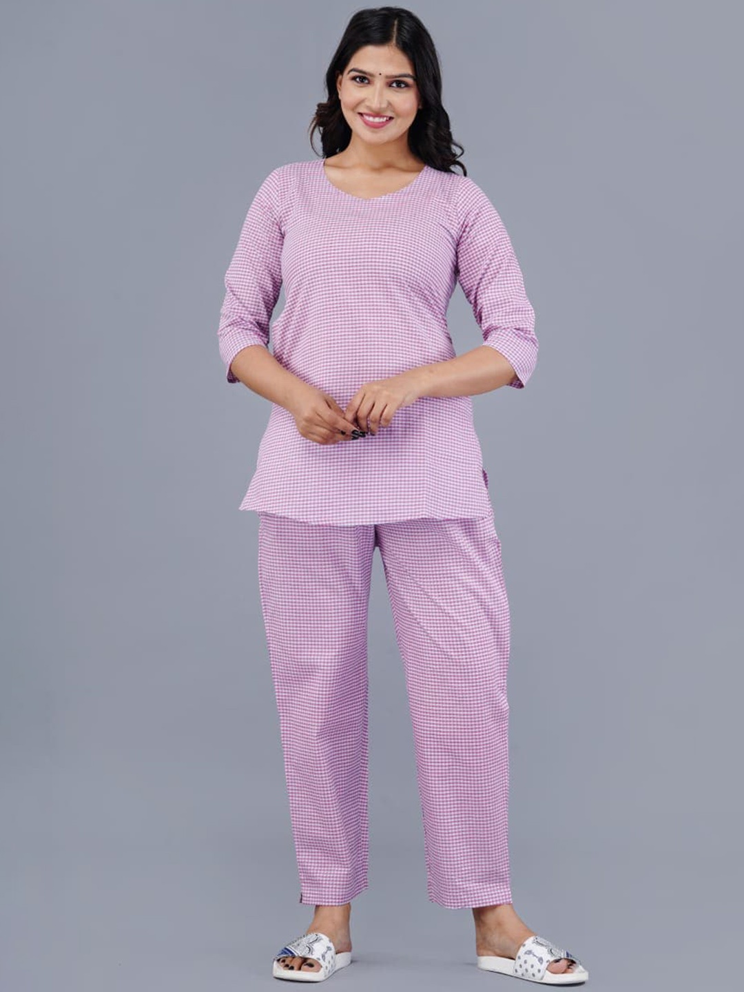 

KALINI Checked Printed Pure Cotton Night Suit, Purple