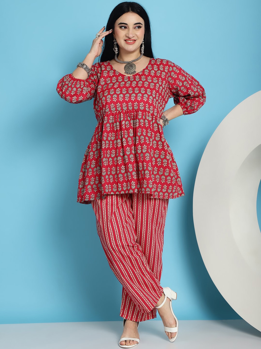 

TAG 7 Floral Printed Regular Pure Cotton A-Line Kurti with Trousers, Red