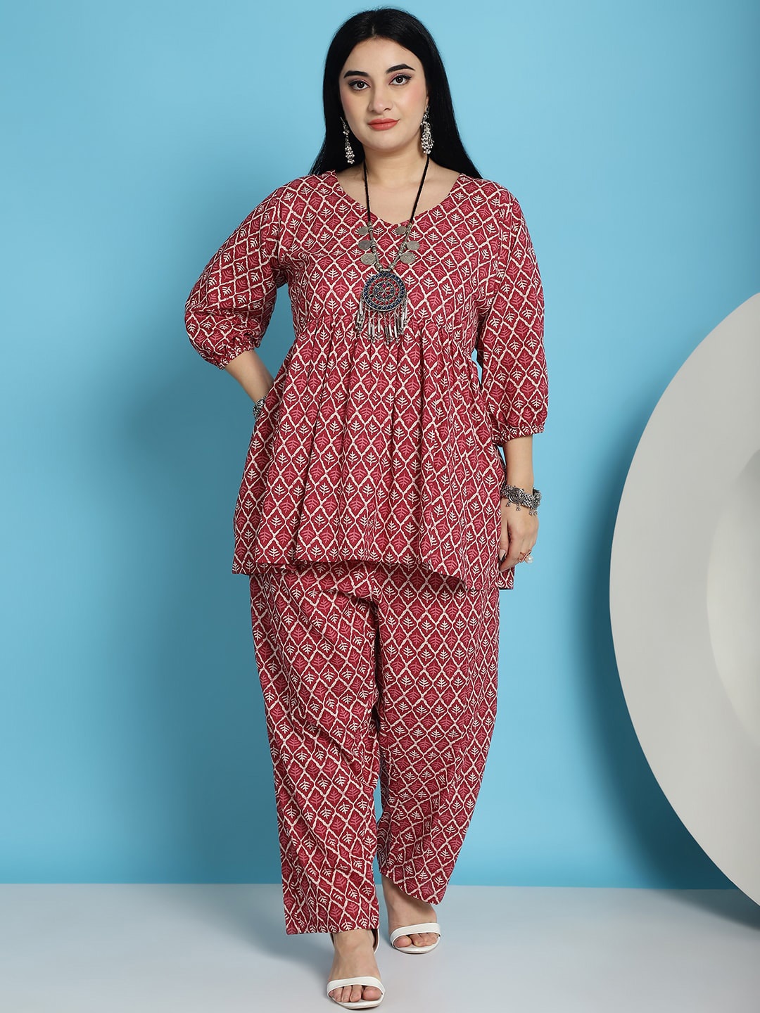 

TAG 7 Women Floral Printed Regular Pure Cotton A-Line Kurti with Pyjamas, Maroon