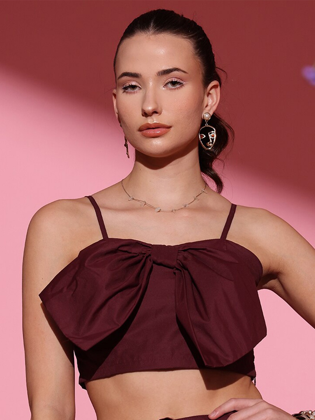 

STREET 9 Pure Cotton Shoulder Straps Crop Top, Burgundy