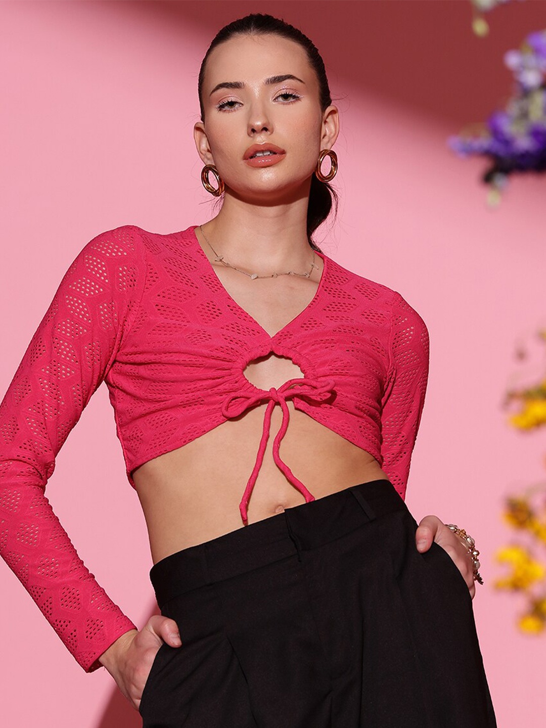 

STREET 9 Fuchsia Self Design Schiffli Cut Out Fitted Crop Top