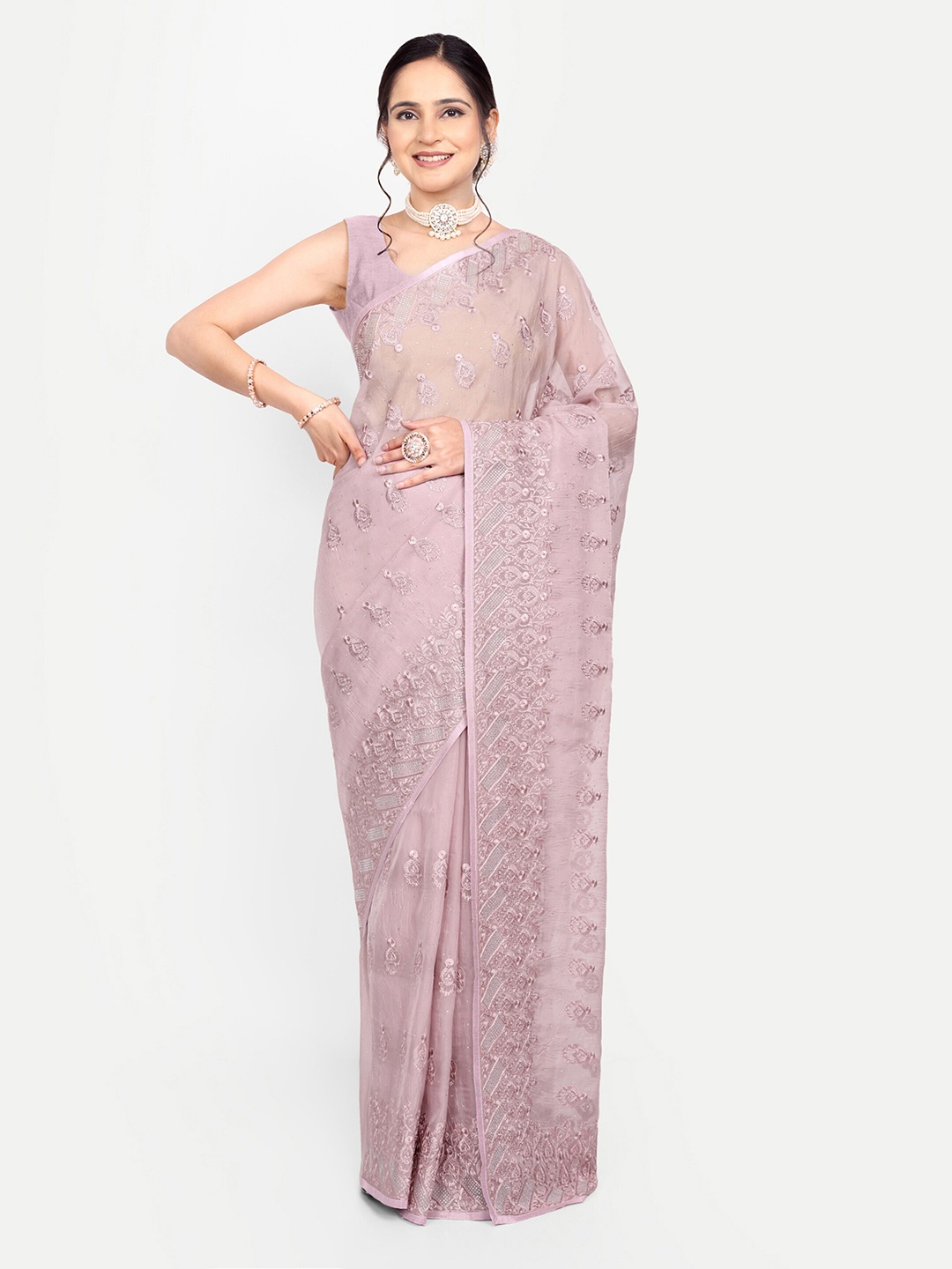 

KALINDI Floral Embroidered Organza Tussar Saree, Pink