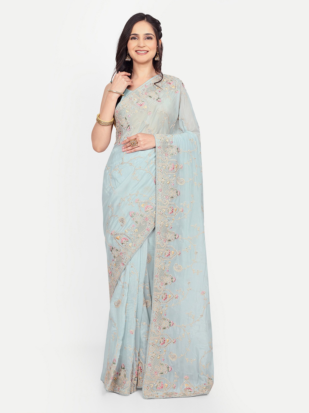

KALINDI Floral Embroidered Tussar Saree, Blue