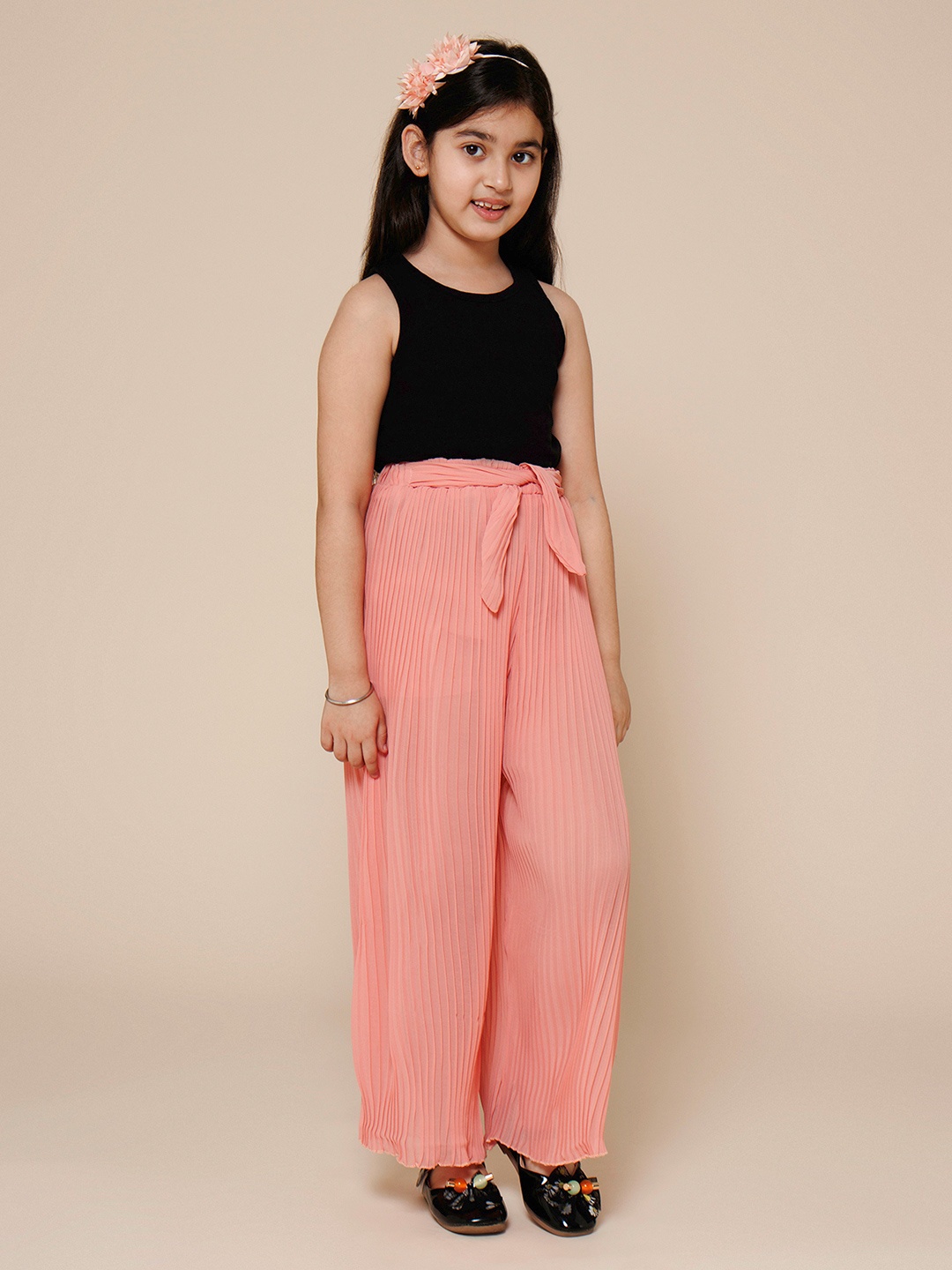 

PICCOLO Girls Round Neck Sleeveless Top with Palazzos, Peach