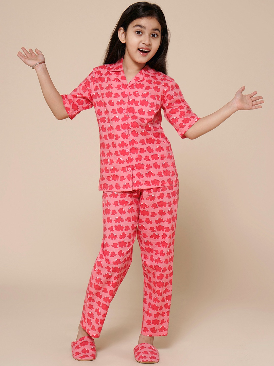 

PICCOLO Girls Printed Pure Cotton Night Suit, Pink