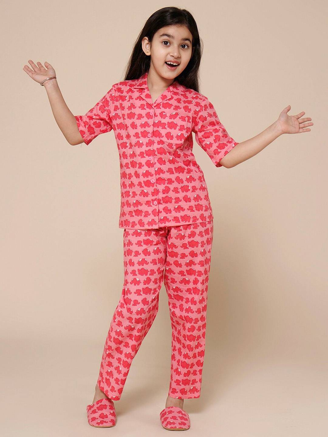 

PICCOLO Girls Printed Pure Cotton Night Suit, Pink