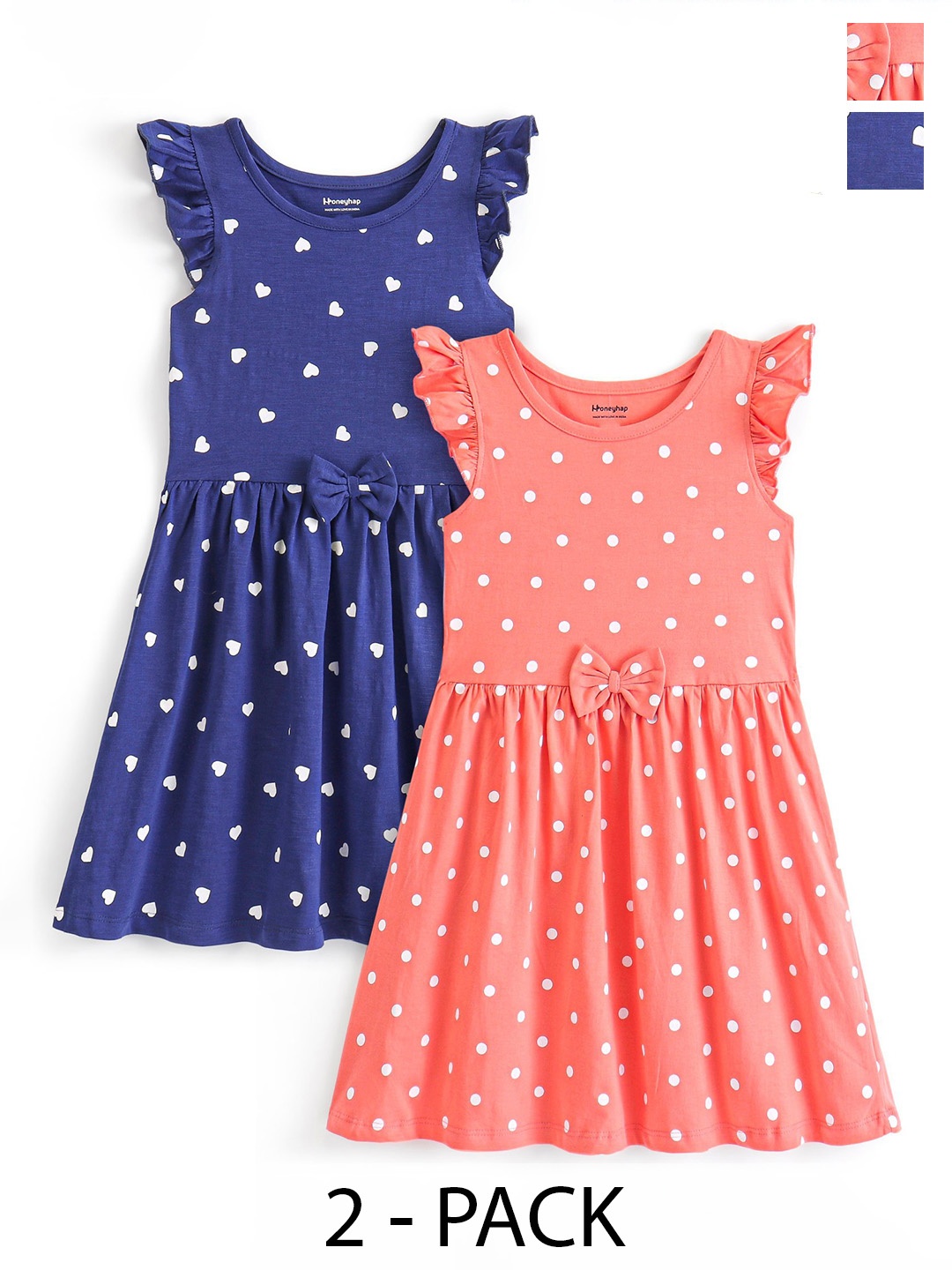 

Honeyhap Girls Polka Dot Print Pack of 2 Fit & Flare Dress, Navy blue