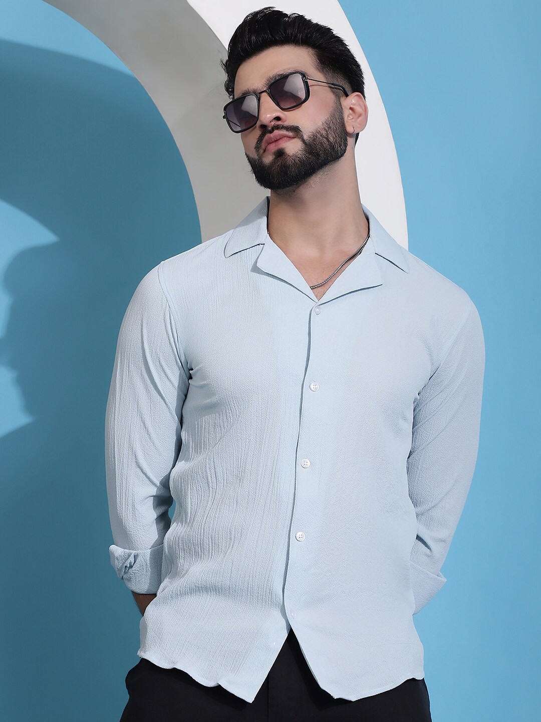 

Indian Needle Classic Striped Spread Collar Long Sleeves Cotton Casual Shirt, Blue