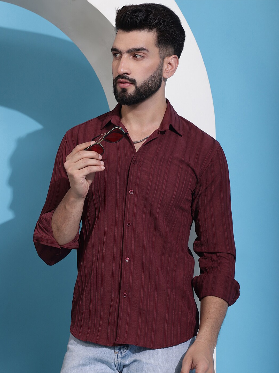 

Indian Needle Classic Striped Casual Shirt, Maroon