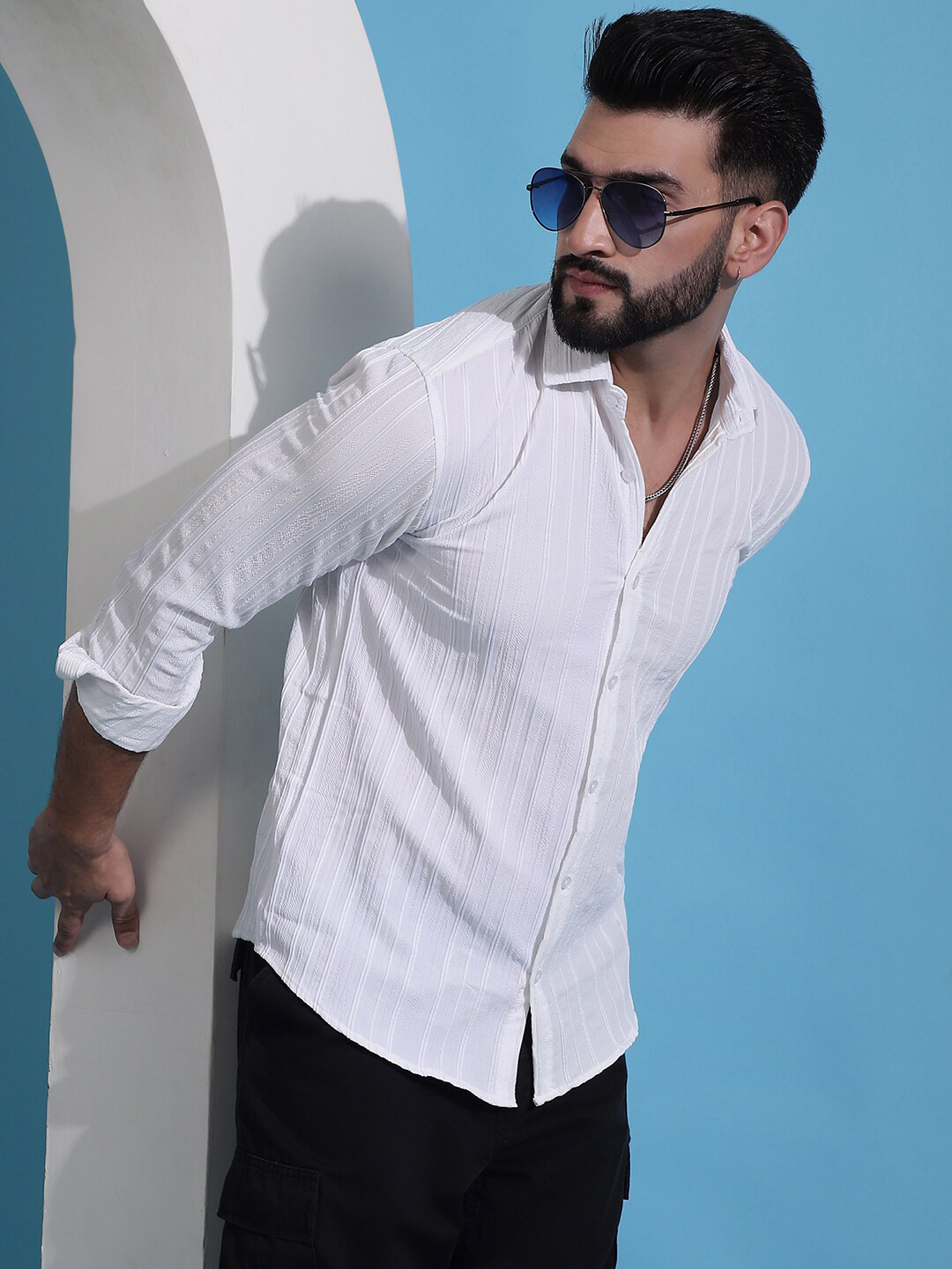 

Indian Needle Classic Striped Spread Collar Long Sleeves Cotton Casual Shirt, White