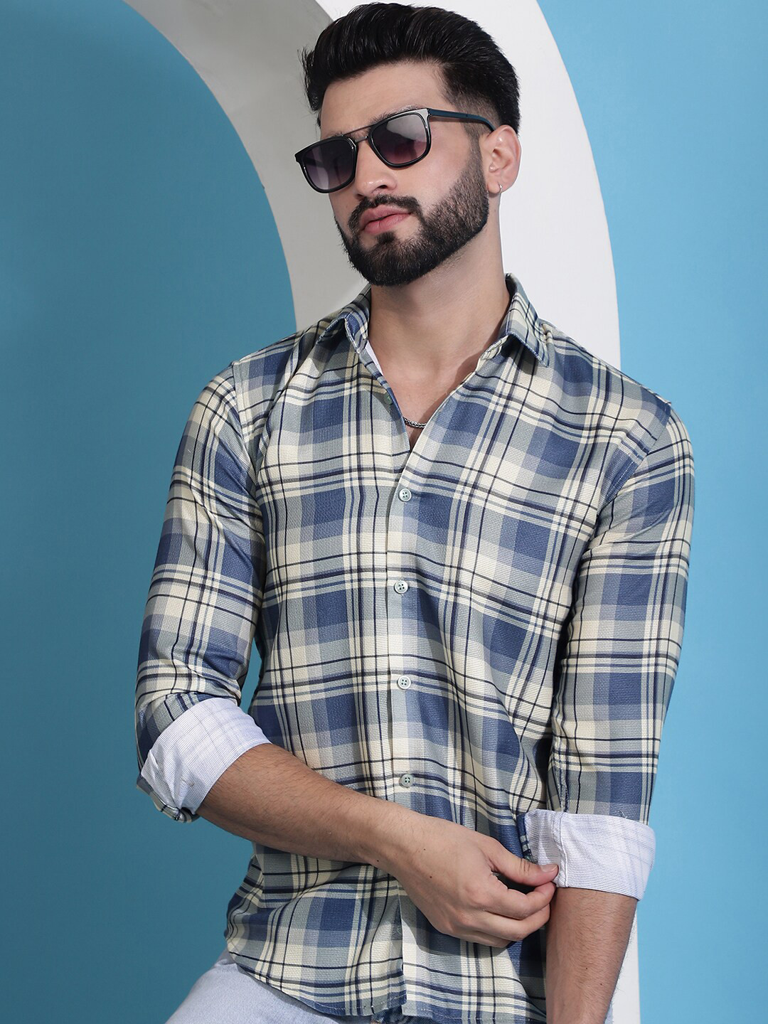 

Indian Needle Classic Tartan Checked Spread Collar Long Sleeves Cotton Casual Shirt, Cream