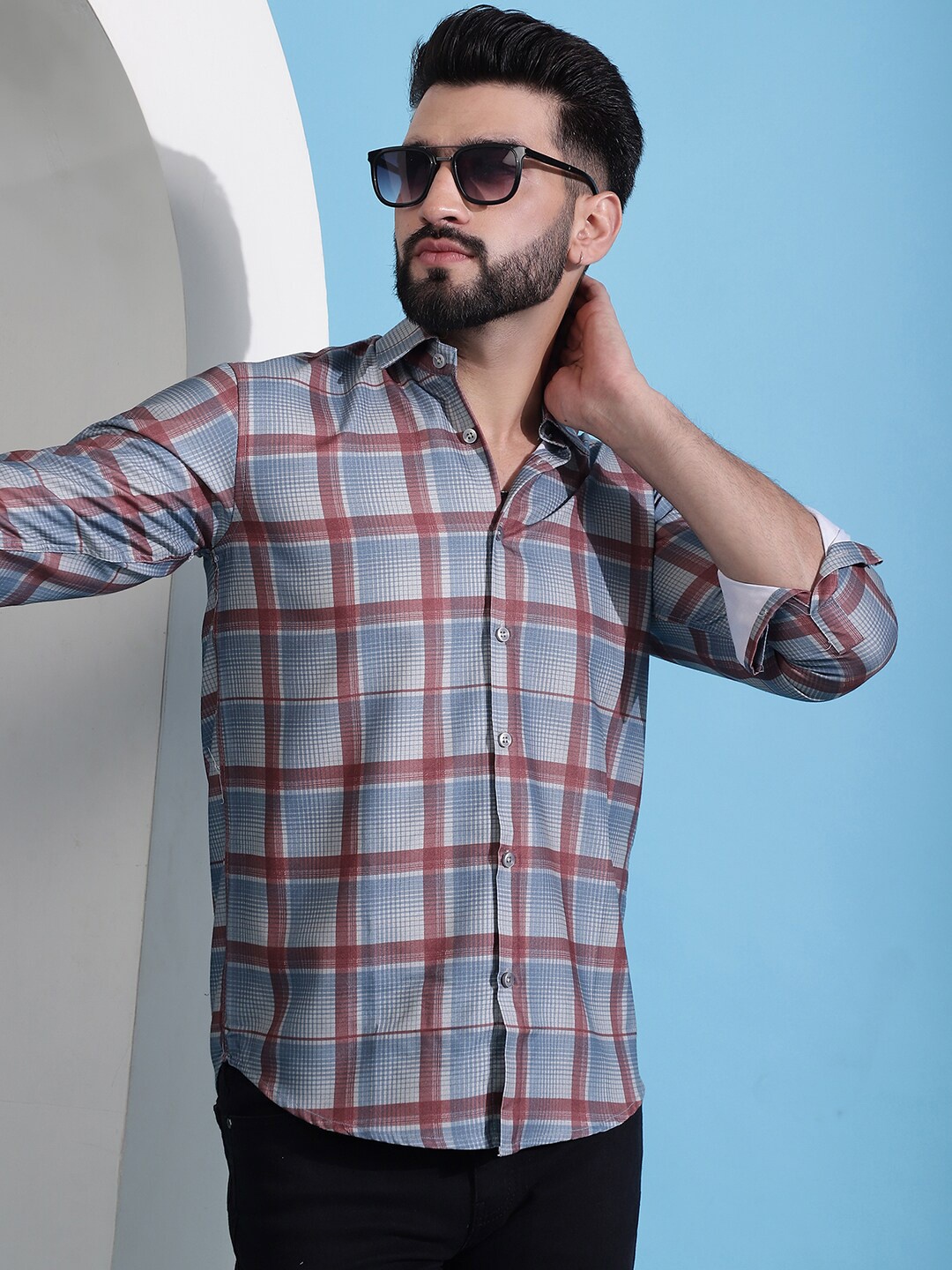 

Indian Needle Classic Checked Spread Collar Long Sleeves Cotton Casual Shirt, Grey