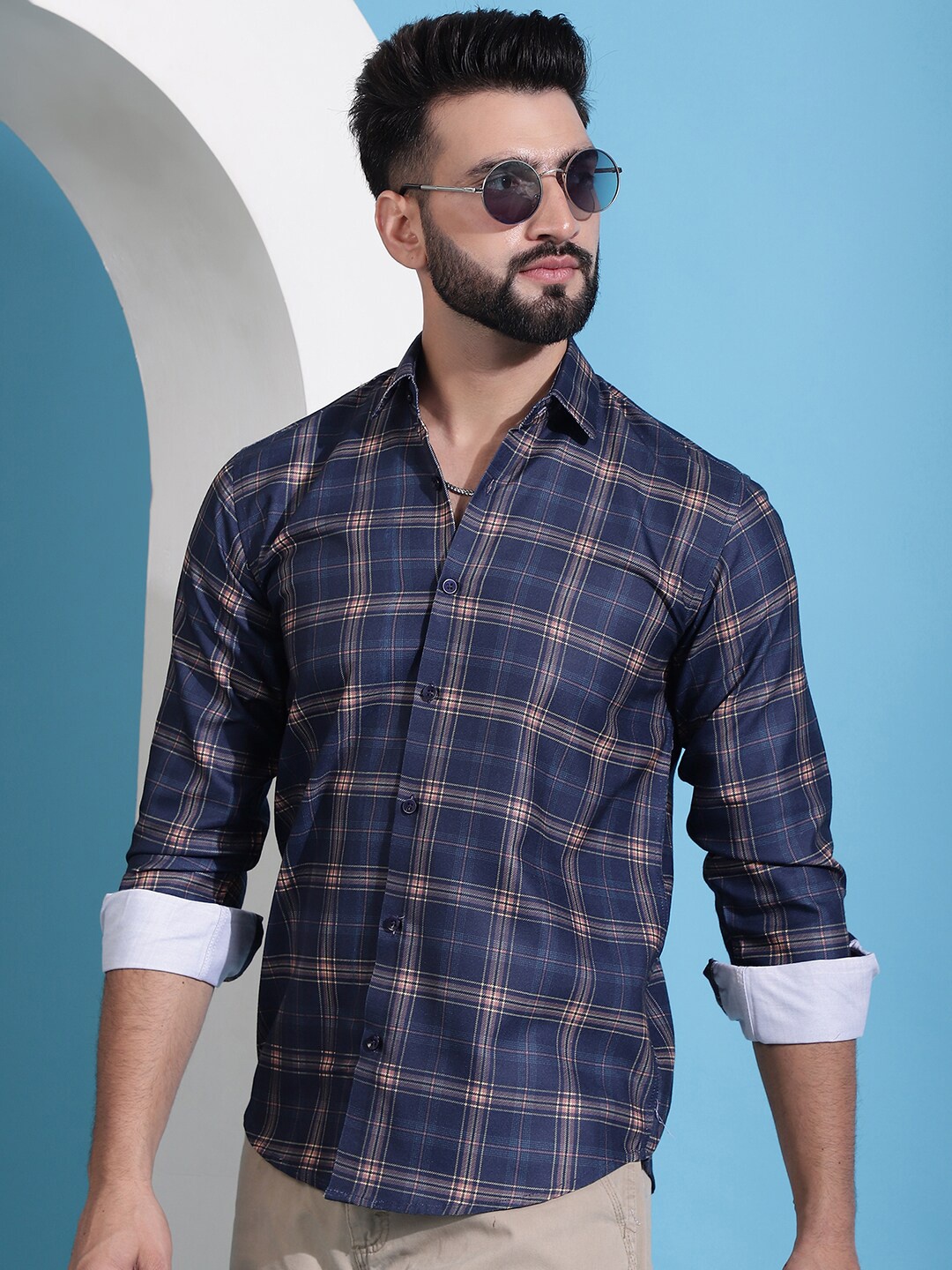 

Indian Needle Classic Checked Cotton Casual Shirt, Navy blue