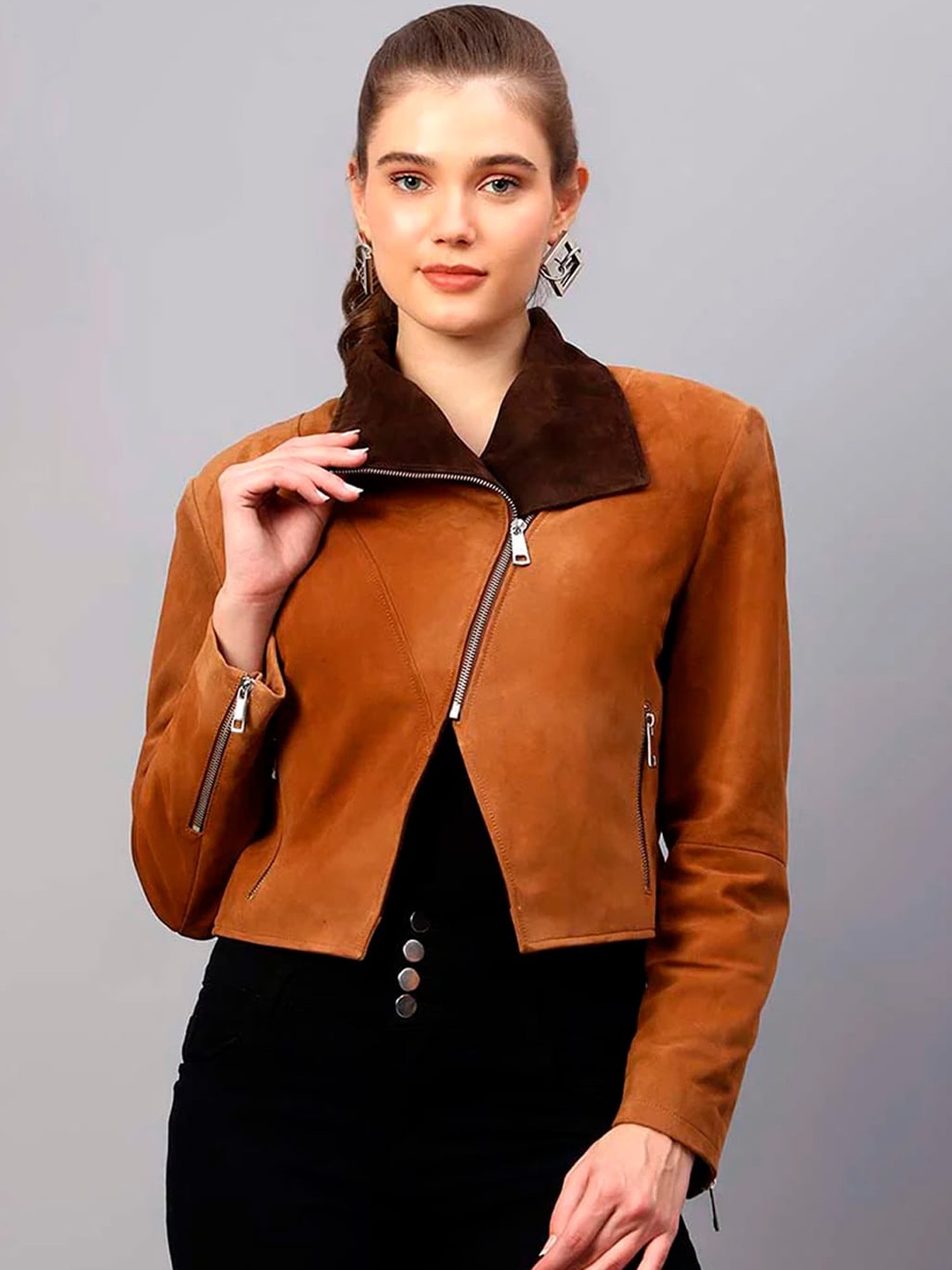 Saint G Leather Water Resistant Crop Tailored Jacket, Brown