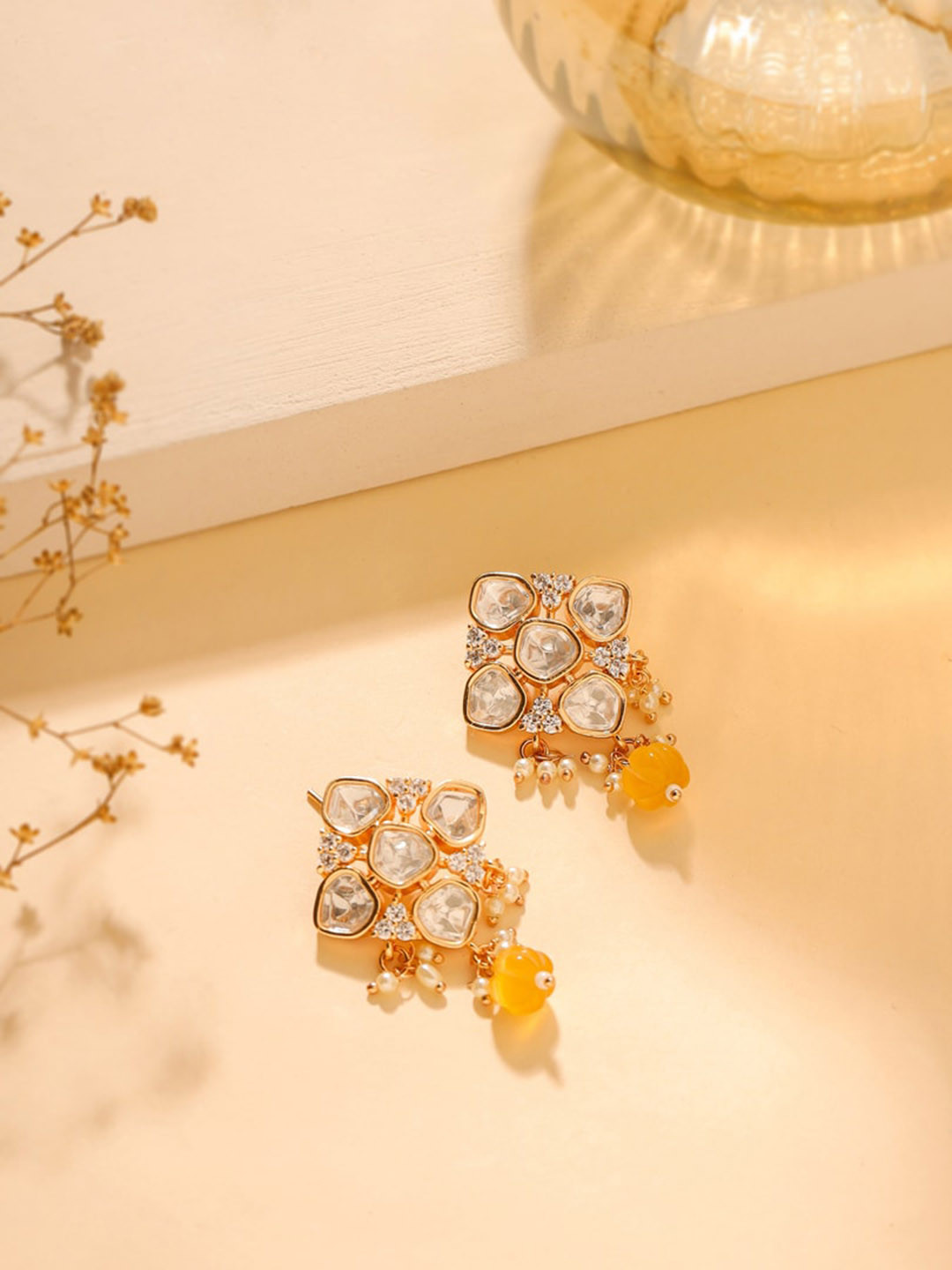 

THE AAB STUDIO Gold-Plated Kundan Studded Diamond Shaped Studs Earrings