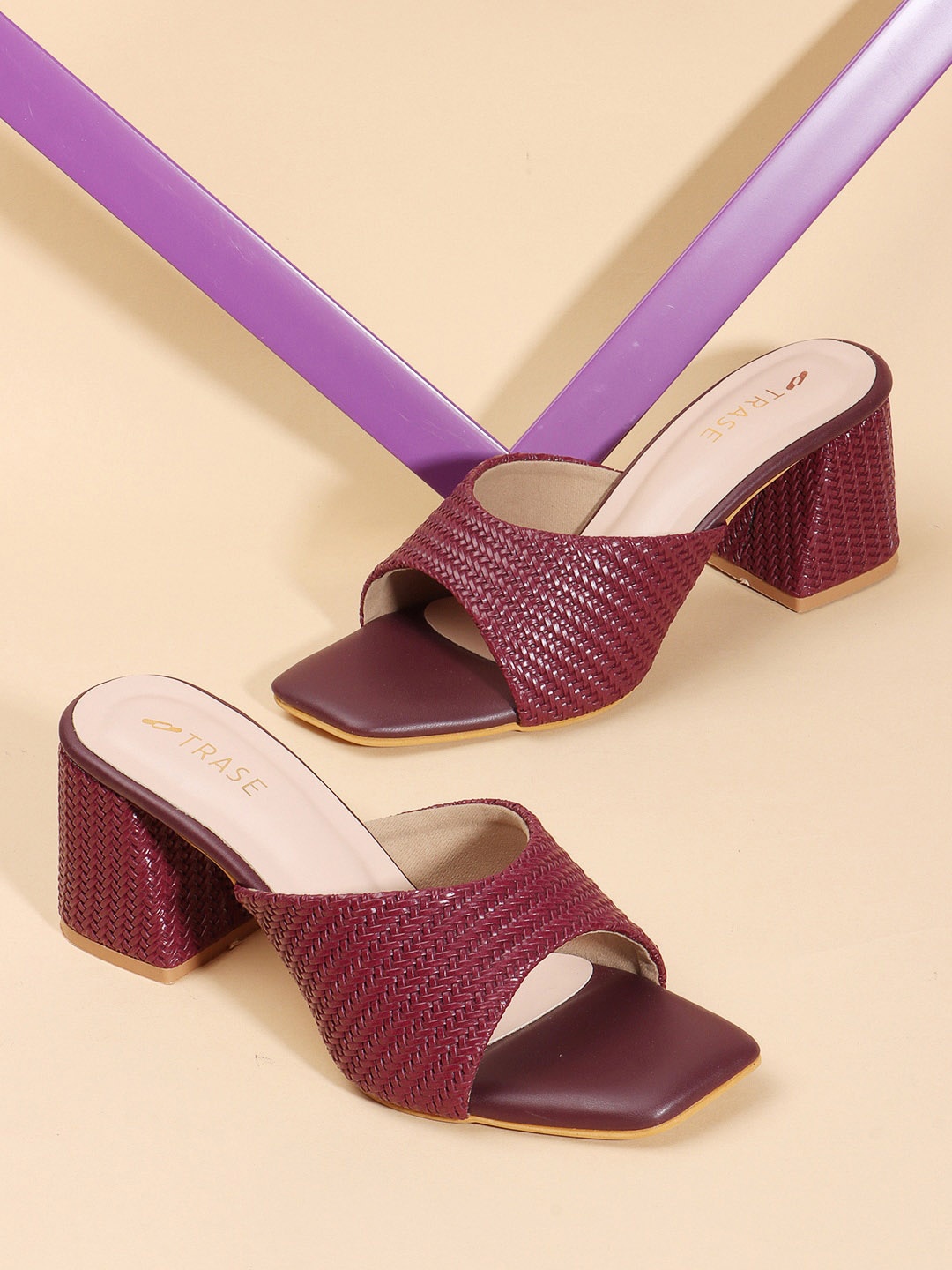 

TRASE Textured Open Toe Block Heels, Maroon