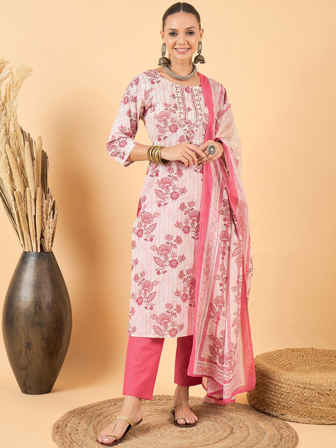 

Anouk Pink Floral Printed Regular Sequinned Pure Cotton Kurta With Trousers & Dupatta