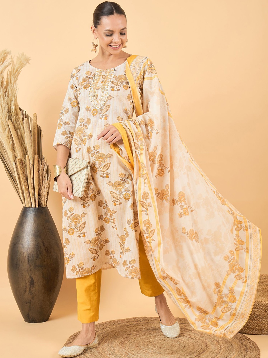 

Anouk Yellow Floral Printed Regular Sequinned Pure Cotton Kurta With Trousers & Dupatta