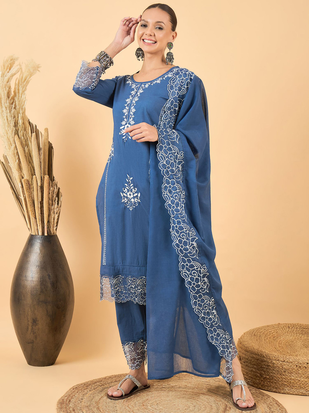 

Anouk Blue Floral Embroidered Pure Cotton Kurta With Trousers & Dupatta