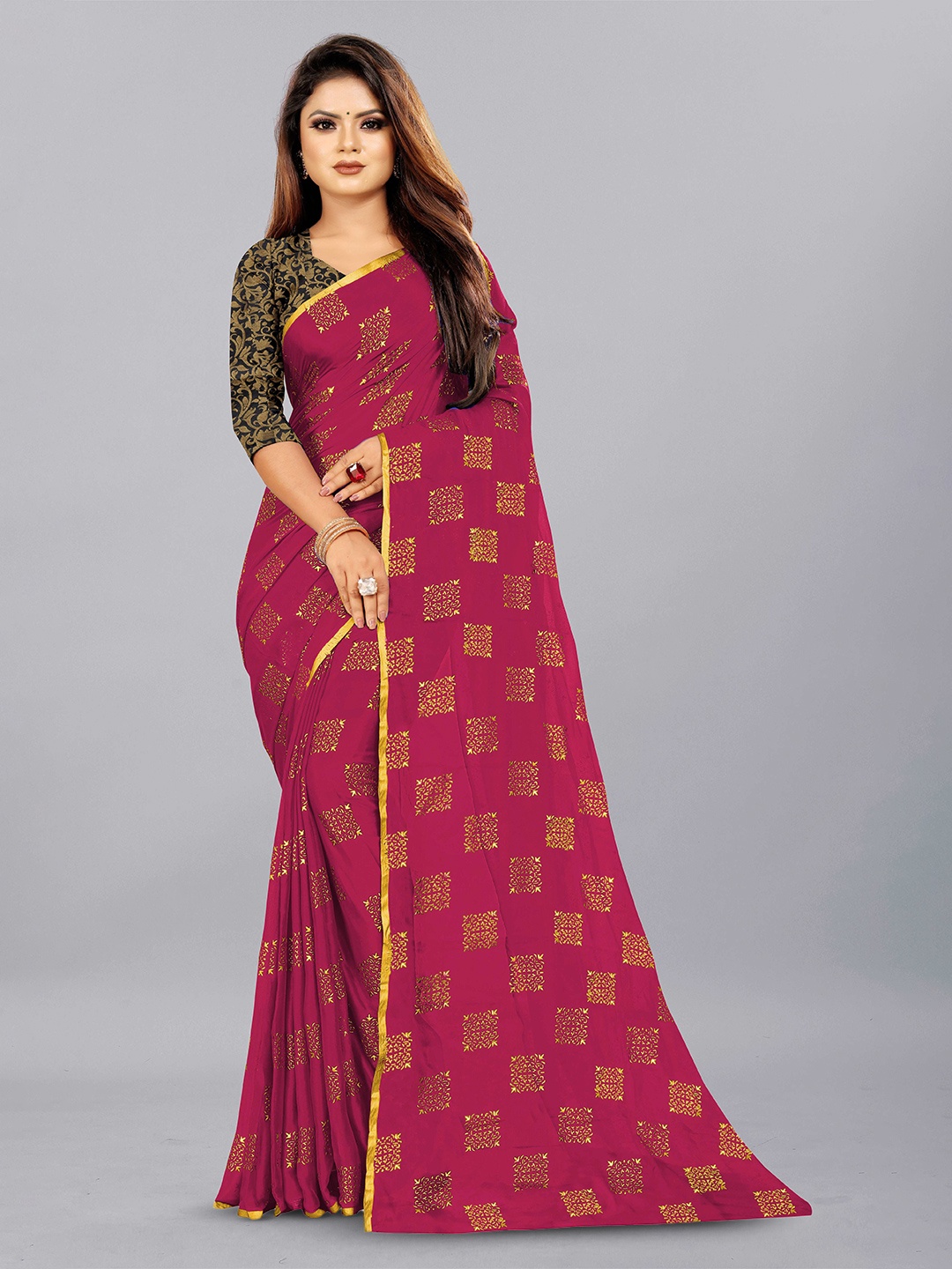 

Aardiva Ethnic Motifs Zari Pure Chiffon Saree, Pink
