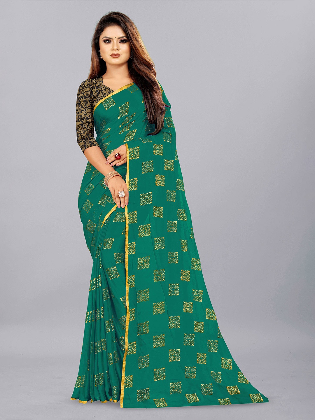 

Aardiva Ethnic Motifs Zari Pure Chiffon Saree, Teal