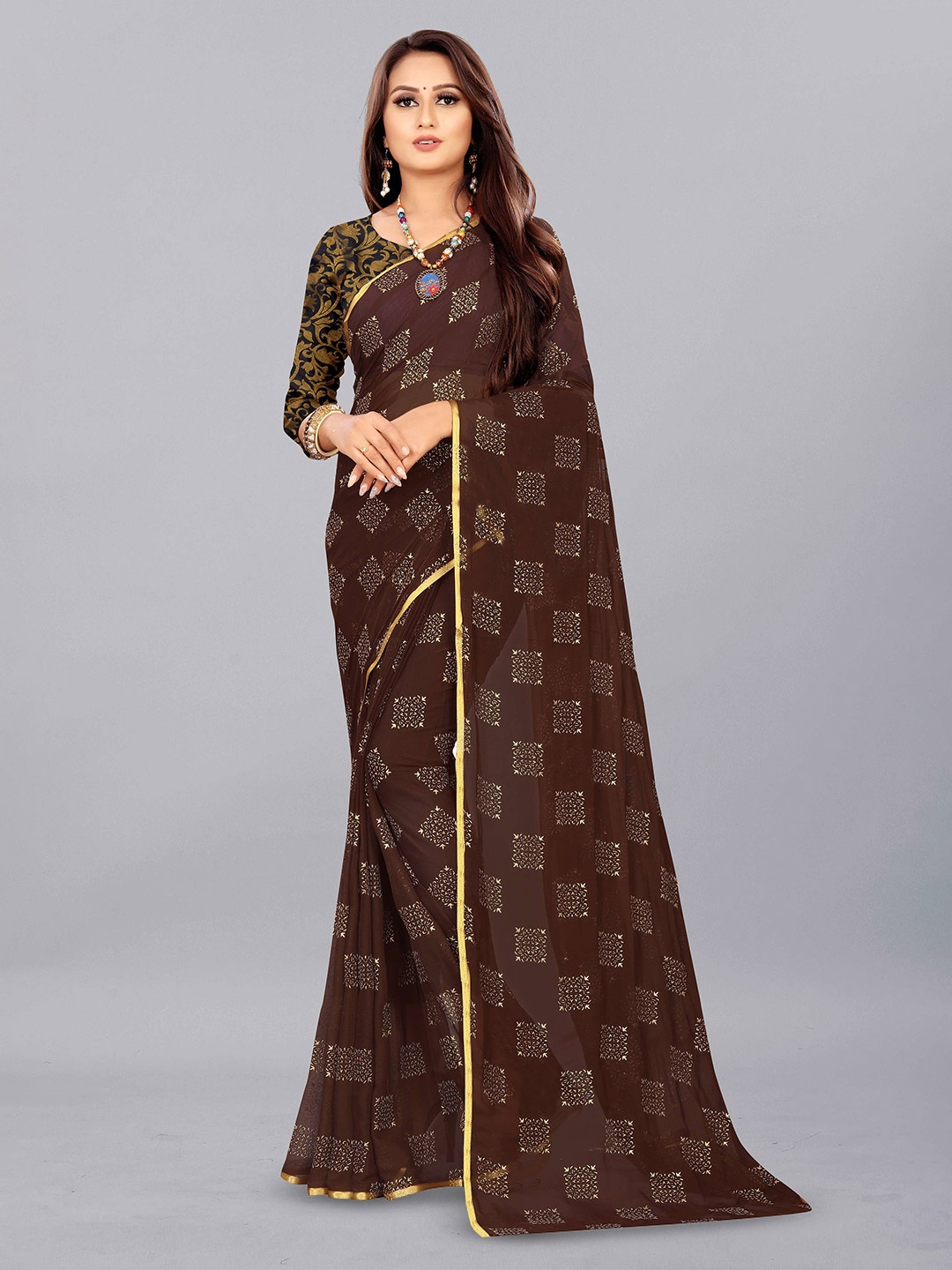

Aardiva Ethnic Motifs Zari Pure Chiffon Saree, Brown