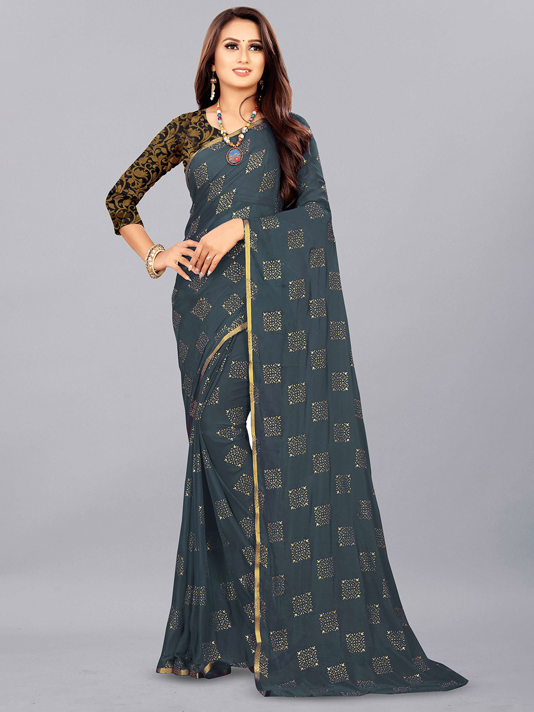 

Aardiva Ethnic Motifs Zari Pure Chiffon Saree, Blue