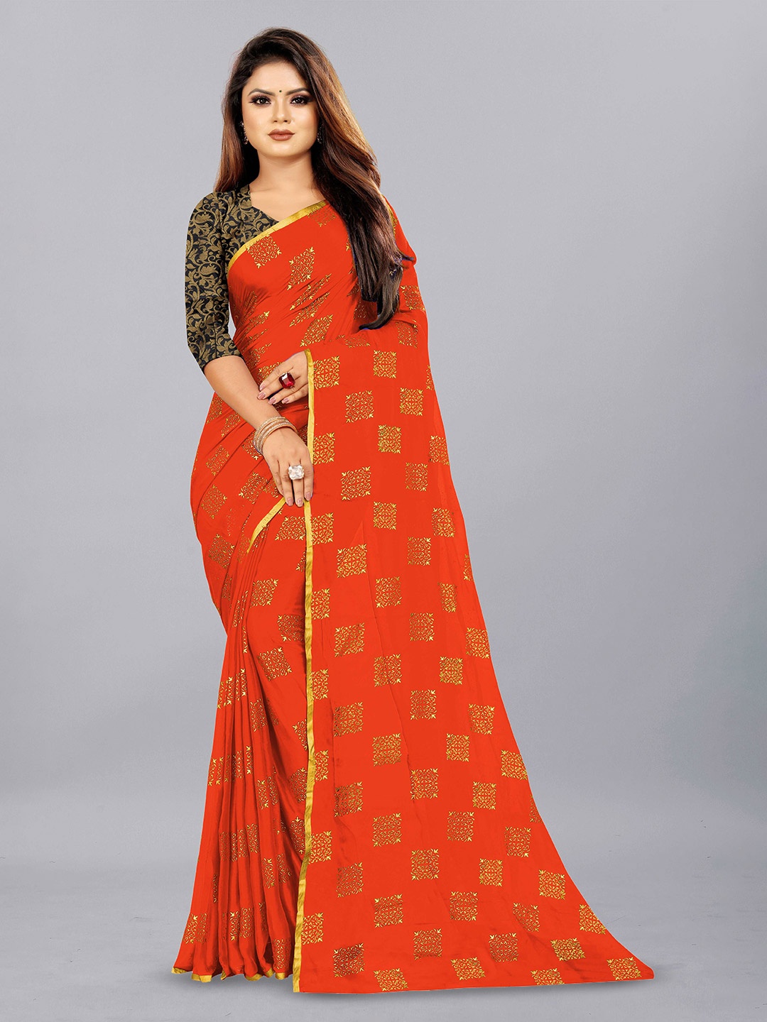 

Aardiva Ethnic Motifs Zari Pure Chiffon Saree, Orange