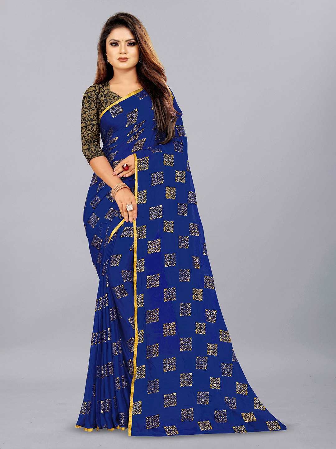 

Aardiva Ethnic Motifs Pure Chiffon Saree, Navy blue