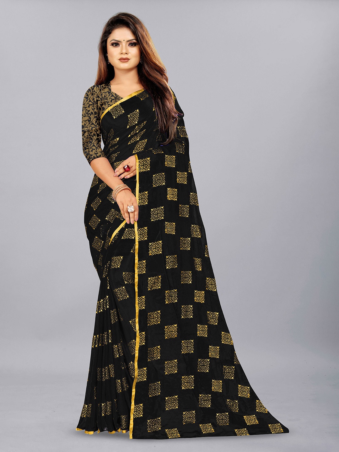 

Aardiva Ethnic Motifs Zari Pure Chiffon Saree, Black
