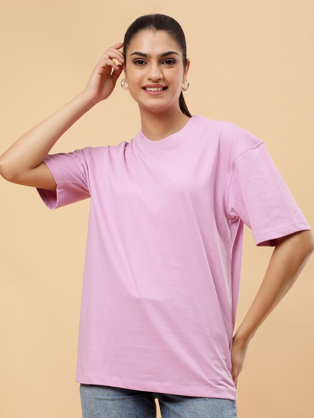 

PockMAN Round Neck Drop Shoulder Cotton Oversized T-shirt, Lavender