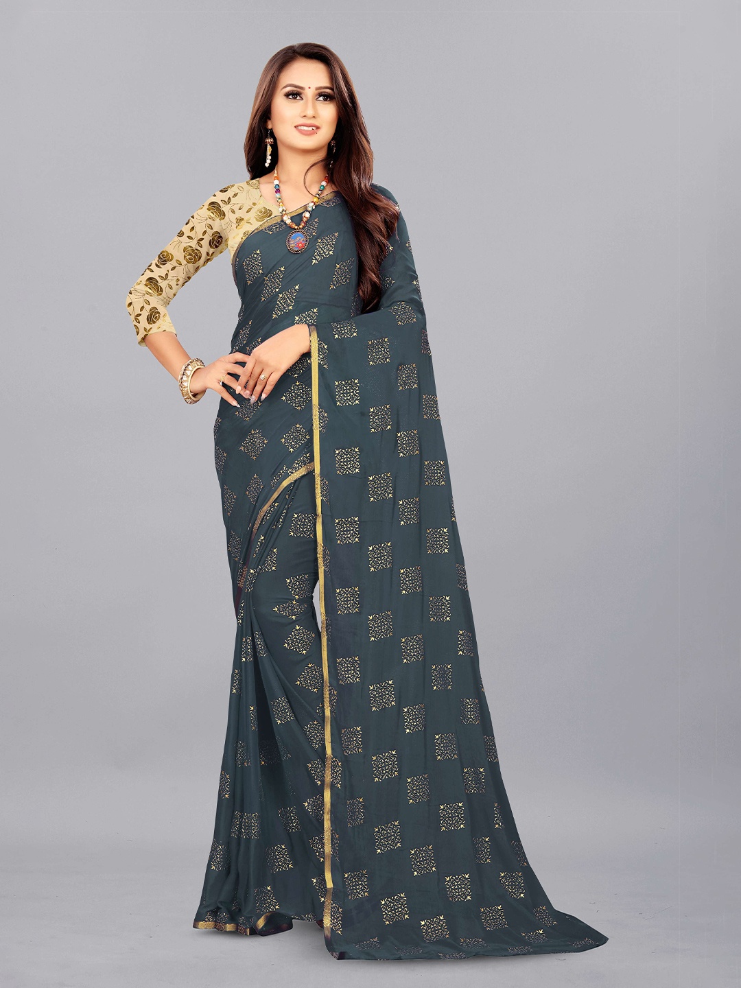 

Aardiva Ethnic Motifs Zari Pure Chiffon Saree, Grey