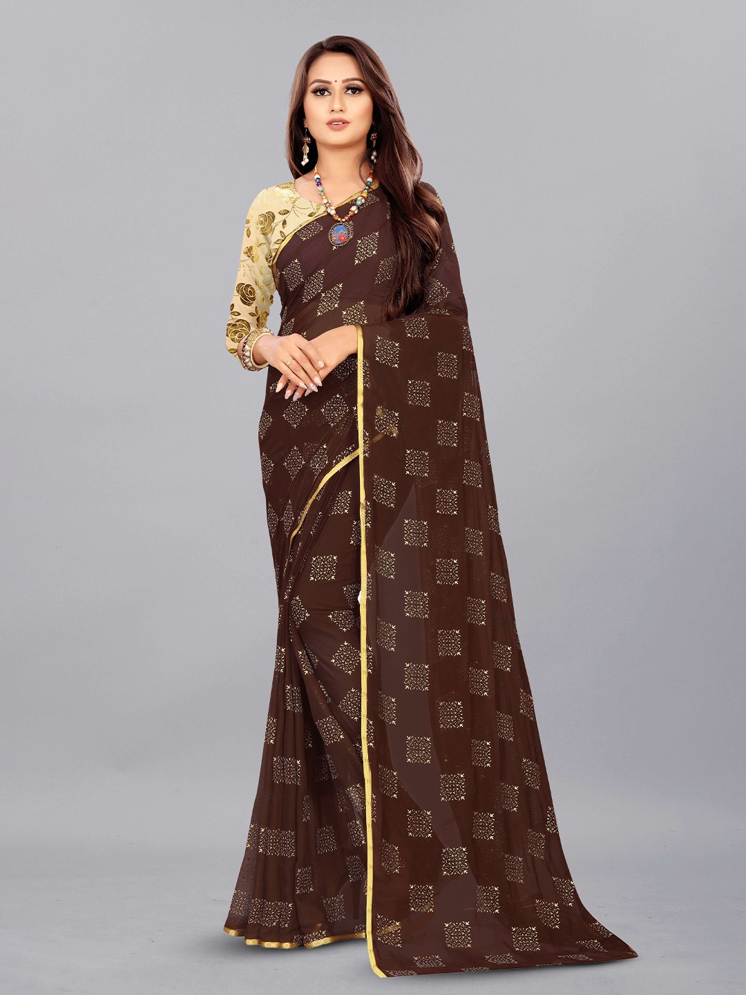 

Aardiva Ethnic Motifs Zari Pure Chiffon Saree, Brown