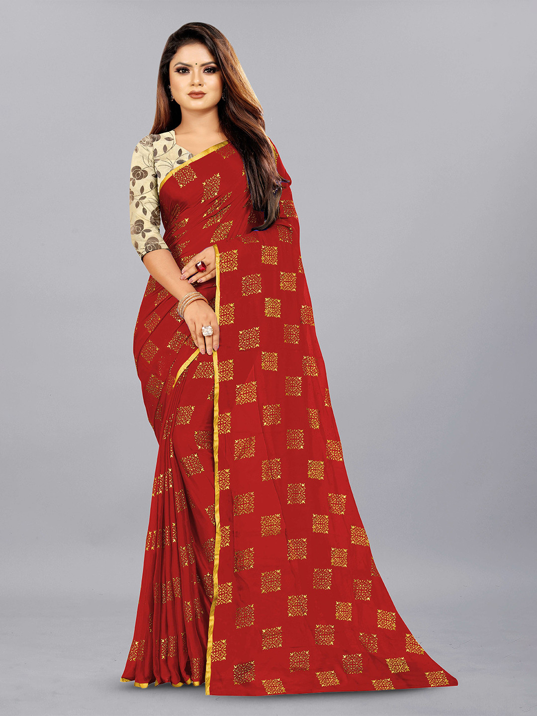 

Aardiva Ethnic Motifs Zari Pure Chiffon Saree, Red