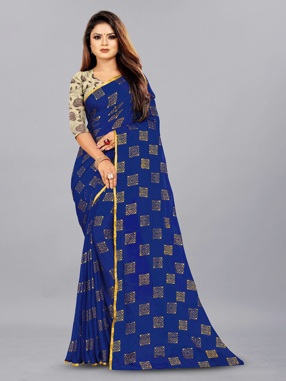 

Aardiva Ethnic Motifs Zari Pure Chiffon Saree, Navy blue