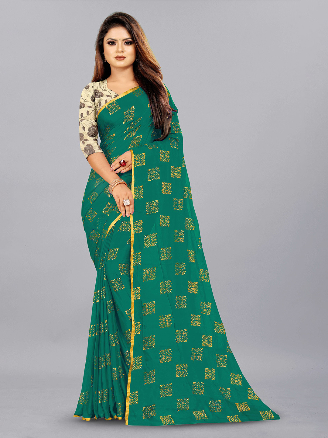 

Aardiva Ethnic Motifs Zari Pure Chiffon Saree, Teal