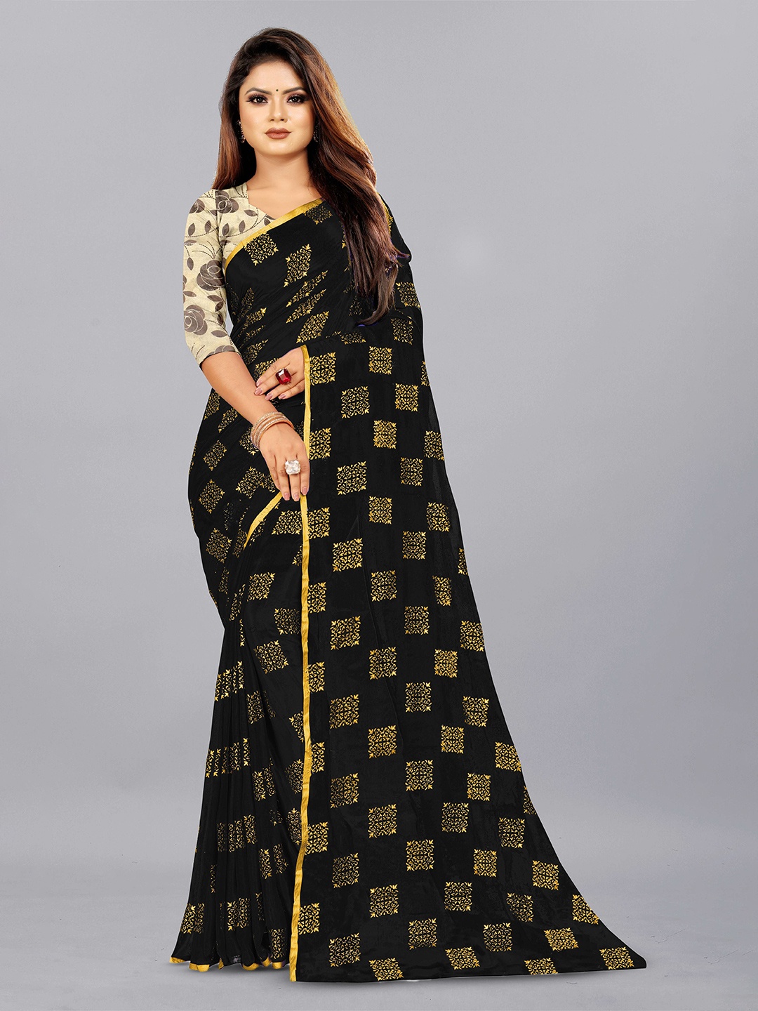

Aardiva Ethnic Motifs Zari Pure Chiffon Saree, Black
