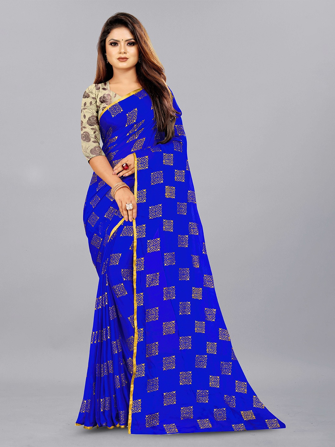 

Aardiva Ethnic Motifs Zari Pure Chiffon Saree, Blue