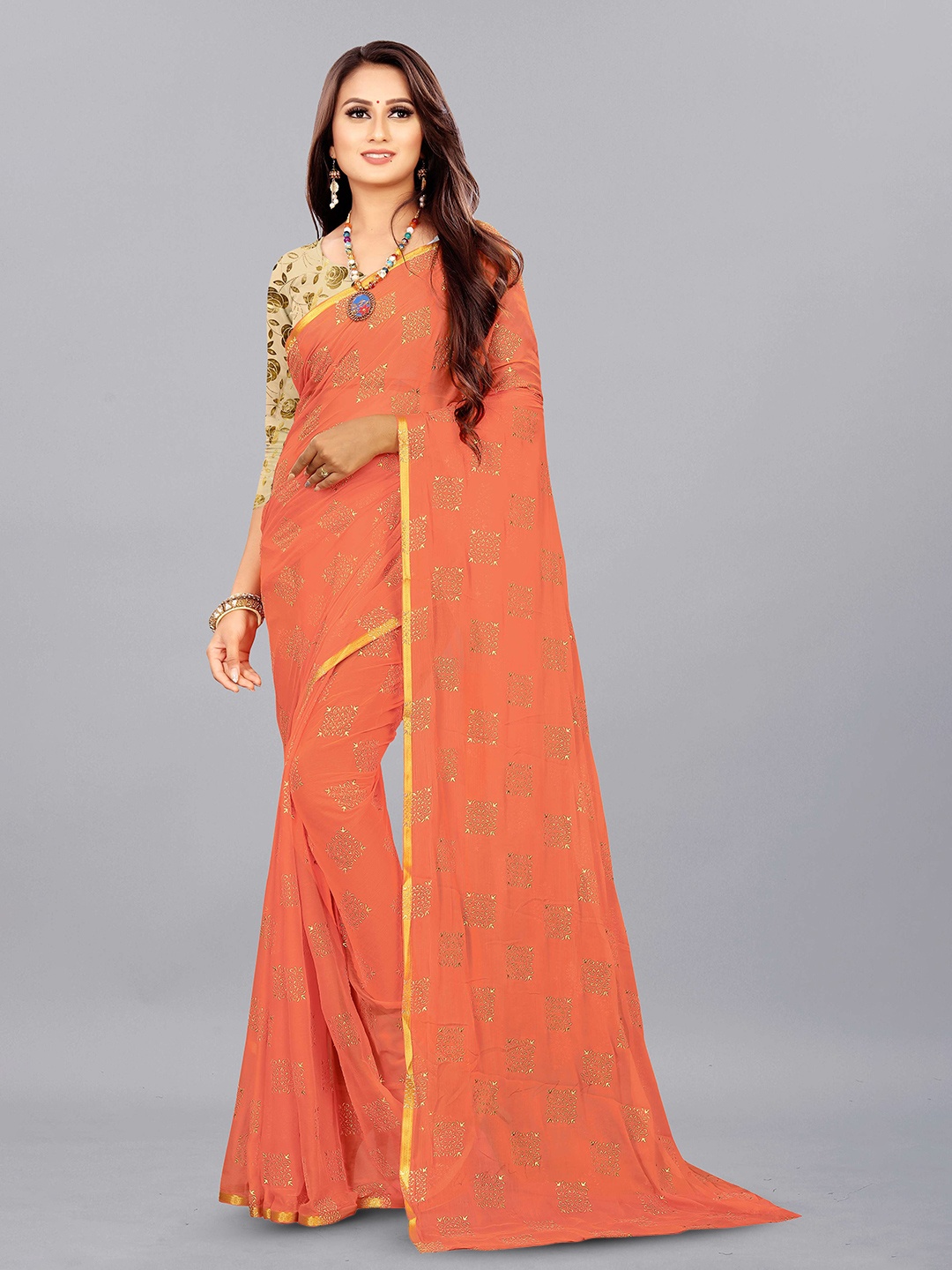 

Aardiva Ethnic Motifs Zari Pure Chiffon Saree, Peach